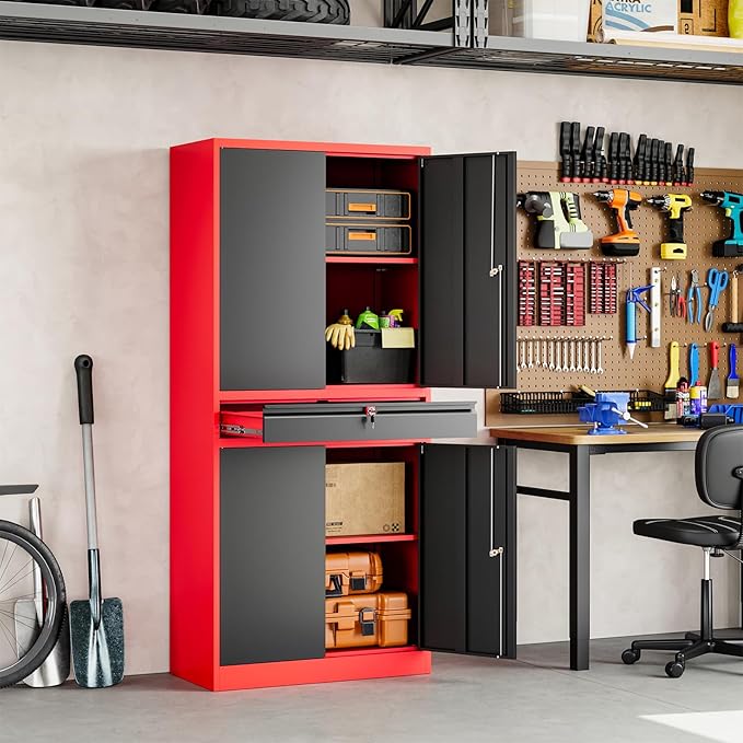Yizosh Metal Garage Storage Cabinet with Locking Doors and Adjustable Shelves,- 71 Tool Storage Cabinet with 1 Drawer for Garage,Office,Warehouse