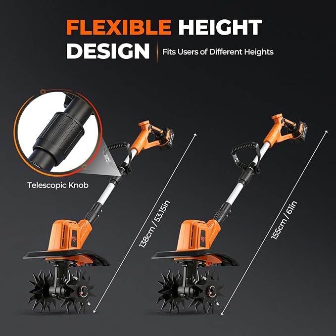 Cordless Electric Tiller Cultivator, 21V Battery Powered Garden Tiller with 2¡¿4.0Ah Batteries, 9¡È Tilling Width & 6.6¡È Depth, 360RPM 48 Rust-Resistant Blades for Soil & Gardening