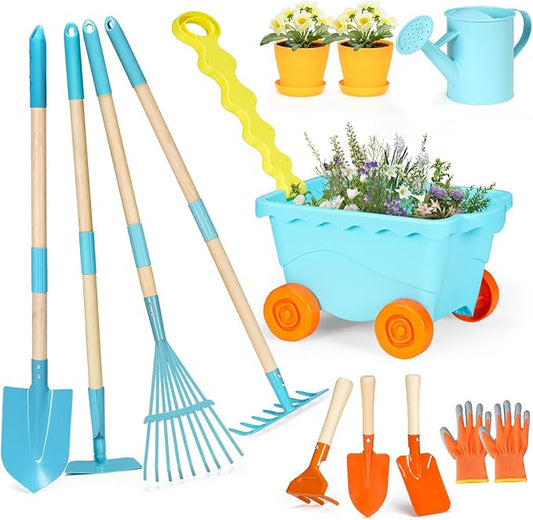 Kids Gardening Tools Set with Wheelbarrow Outdoor Educational Toy,Shovel, Rake, Watering Can,Beach,Garden,Backyard Farm Digging Toys for 3+Years Old Boys Girls Toddler Birthday Gift