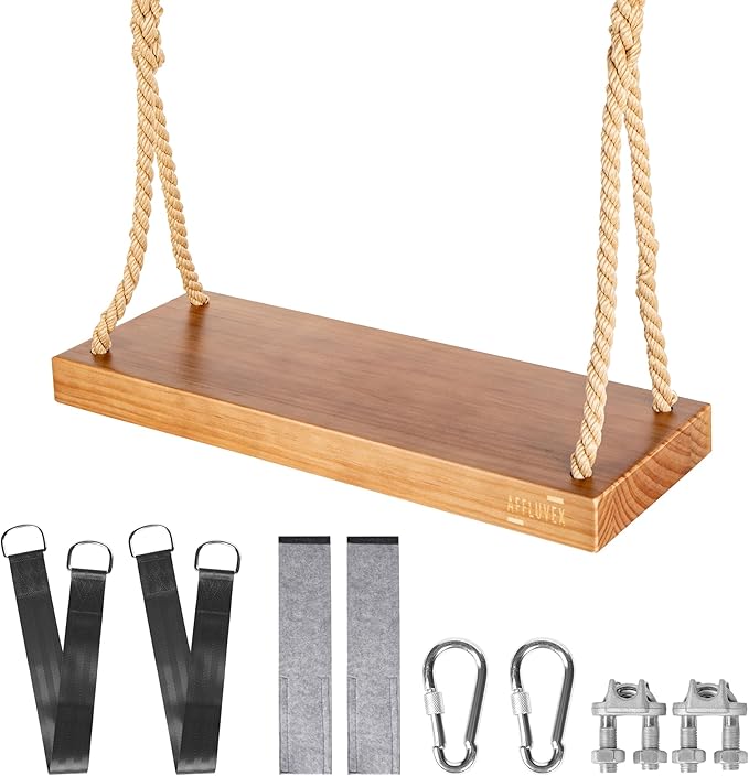 Outdoor Wood Hanging Seat, 22" x 8" x 2" Cedar Wooden Tree Swing for Adults & Kids, 440+ lb Capacity, Adjustable 5-7 ft Rope, Classic Heavy Duty Tree Swing for Backyard & Porch