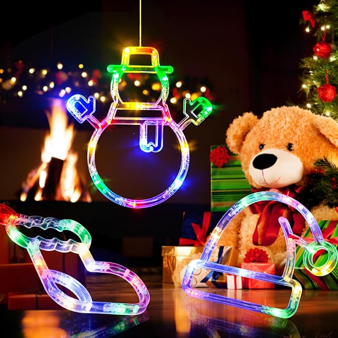 LOLStar Christmas Window Lights, 3 Pack Multicolor Christmas Stocking, Snowman, Santa Hat Lights with Suction Cup, Timer Function and Slow Fade Mode Battery Operated