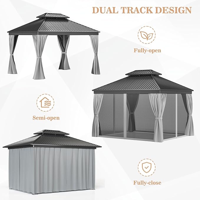 WKM 10x12 FT Hardtop Gazebo with Heavy Duty Galvanized Steel Double Roof, Aluminum Frame Permanent Pavilion with Curtains and Netting, Outside Canopy Gazebo for Patio, Deck and Backyard, Grey