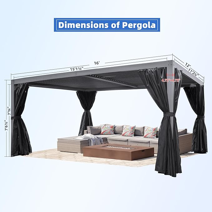 Domi 12x16FT Louvered Pergola, Full Aluminum Pergola with Adjustable Louvered Roof, Outdoor Pergola with Waterproof Curtains and Netting, Gray