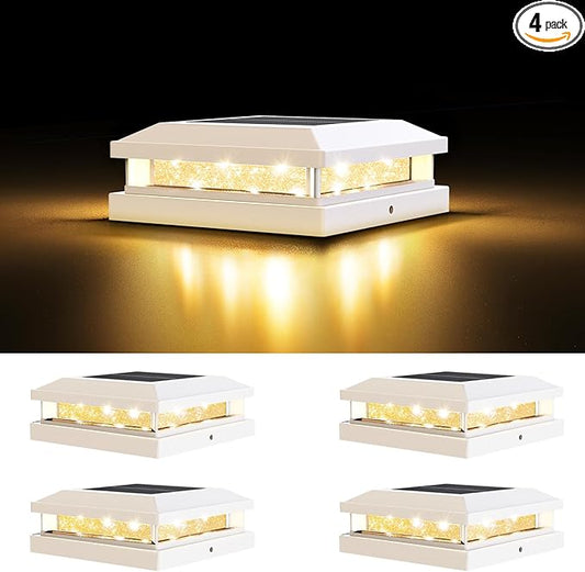 Brightever 4x4 Solar Light Outdoor 4 Packs, Waterproof Solar Powered Post Cap Light for 5x5 Vinyl/Wooden Post with Warm/Cool Lighting, White 16LEDs Deck Cap Lights for Outside, Garden, Patio, Porch
