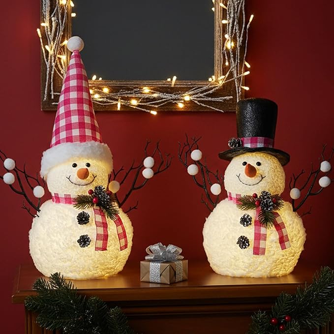 2 Pack Christmas Table Decorations, 14" Lighted Plush Snowmen FigurinesPastel Christmas Ornaments, Light Up Snowman Holiday Present, Battery Operated Xmas Gifts Indoor Tabletop Ornaments