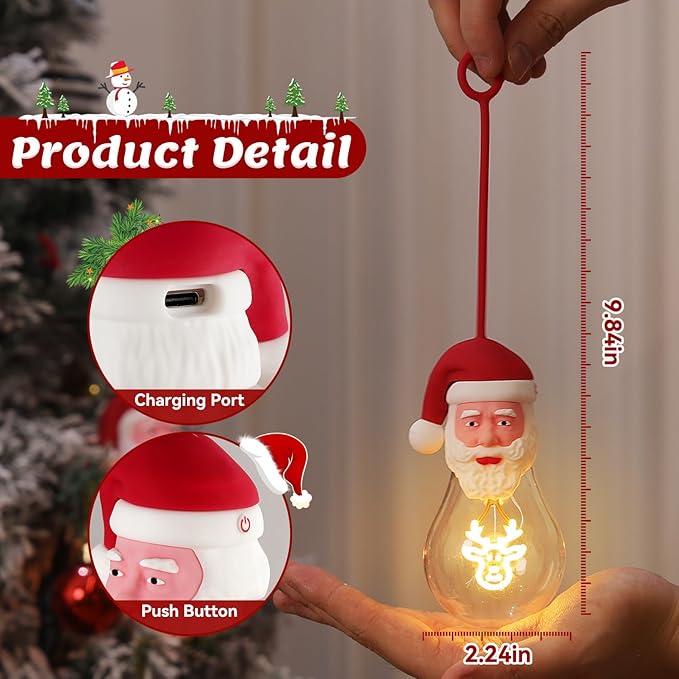 Brightever 2-Pack Lighted Christmas Hanging Ornaments for Christmas Tree Decor, Santa Claus Night Lights USB Rechargeable, Shatterproof A19 LED Bulbs with Bell and Reindeer Filaments for Indoor Decor