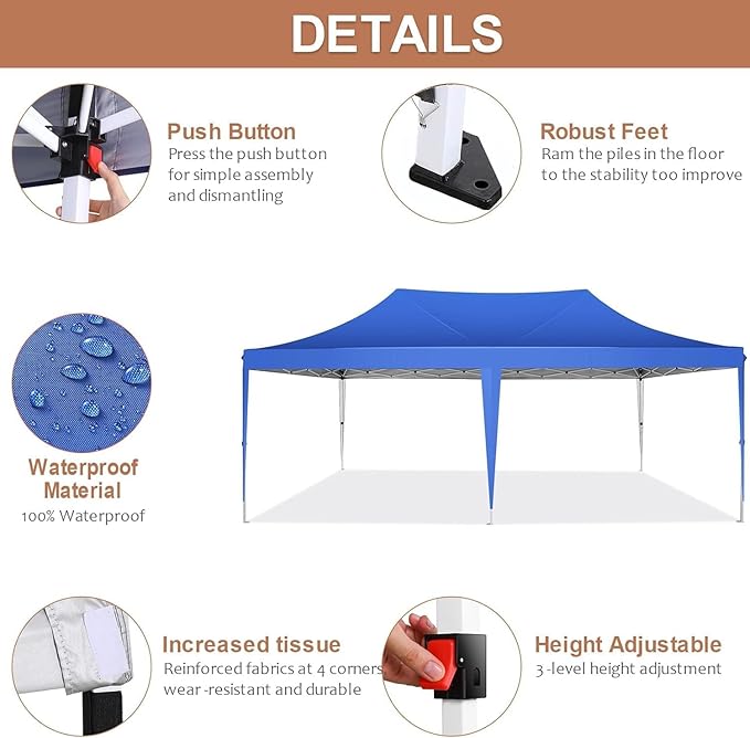 COBIZI 10x20 Pop Up Canopy with 6 Sidewalls,10x20 Canopy Tent Frame Upgraded with 3 Adjustable Heights,Waterproof UV50+ Outdoor Party Commercial Ez Up Gazebos with Carry Bag(10 x 20 ft Blue)