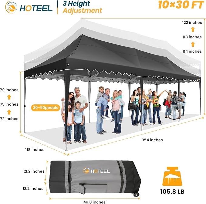 HOTEEL 10x30 Pop Up Canopy with 8 Sidewalls, UV 50+ and Waterproof 10×30 Party Tent, Thickened Frame, Large Space Easy Pop Up Canopy, Outdoor Canopy for Weddings, Beaches, Parties, Patio (Black)