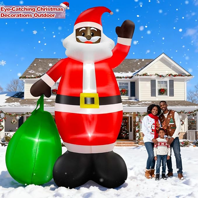 14 Ft by 8.5 Ft Giant Christmas Inflatable Black Santa Holding Gift Bag, African American Christmas Decorations, Blow up Xmas Decor Built in LED Lights for Yard Lawn Garden