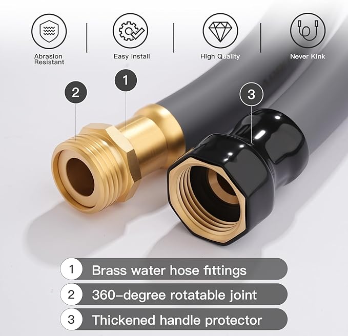 Garden Hose 5/8 x 15ft Brass Rubber Heavy Duty Water Hose 600 PSI Burst Pressure, Durable Flexible Hose for Yard, Car Wash, Pets Gray