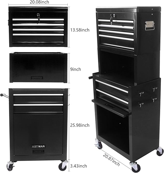 RYH 6 Drawers Rolling Tool Chest & Tool Box on Wheels | Heavy Duty Metal Cart with Ball Bearing Drawers | Fits US General Tool Box for Garage Storage (Black, 6 Drawers 3 in 1/51.99 H ¡¿ 20.87 W)