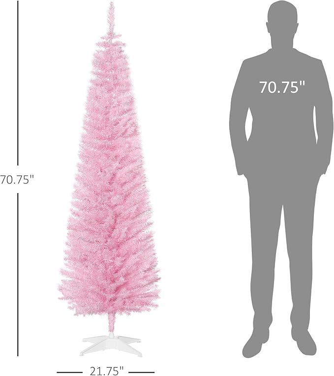HOMCOM 6' Artificial Pencil Christmas Tree, Slim Xmas Tree with 390 Realistic Branch Tips and Plastic Stand, Pink
