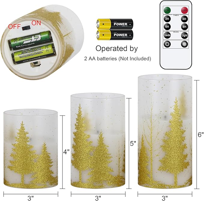 Wondise Glass Flickering Flameless Candles with Remote and Timer, Battery Operated 3D Wick LED Candles Christmas Tree for Christmas Holiday Home Decoration, Set of 3(D3 x H4,5,6 Inch)