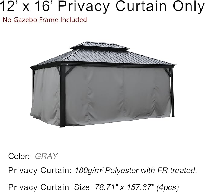 Kozyard Gazebo Privacy Curtain Outdoor Waterproof Sidewall for Hardtop Gazebo, OEM Replacement for Patio Gazebo Curtains for Alexander, Caesar, Rosana and Apollo Model (12ft x 16ft, Gray)