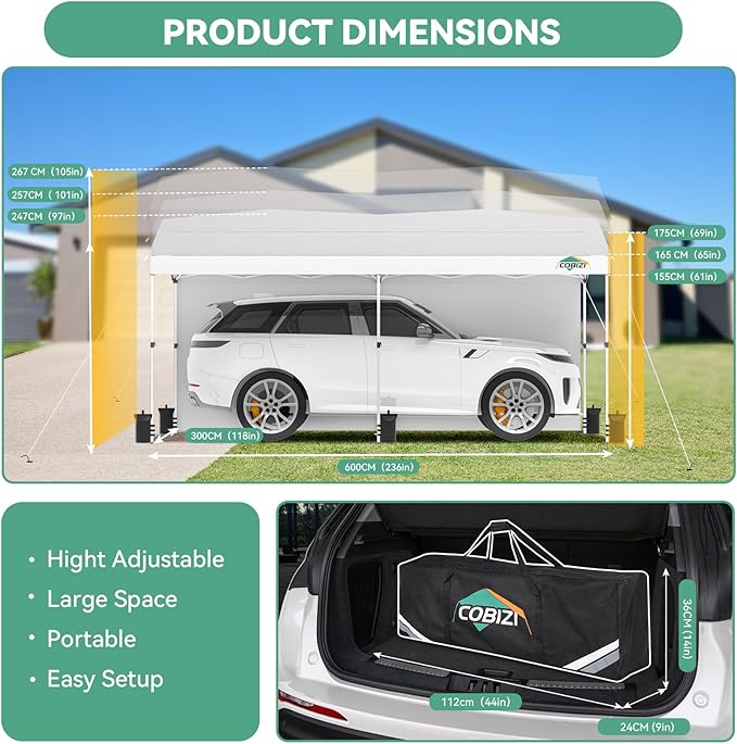 COBIZI 10x20 Pop Up Canopy with One Button Push Center Lock,Ez Up Portable Carport with 2 sidewalls,Waterproof UV50+ Outdoor Party Commercial Carport Canopy Gazebos with Carry Bag(10 x 20 ft White)