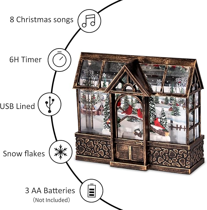 Christmas Lantern Snow Globe, Cardinal Music Box with 8 Songs, 6H Timer Battery Operated & USB Powered Suitable for Christmas Home Decorations Holiday Table Party Decor Gifts
