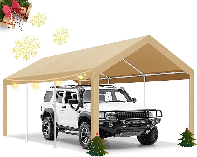 COBIZI Carports 10x20 Heavy Duty Canopy Car Garage with Windproof Ropes & Built-in Sandbags, Car Port Canopy Tent Waterproof & UV Protected for Car Boat Truck, Khaki
