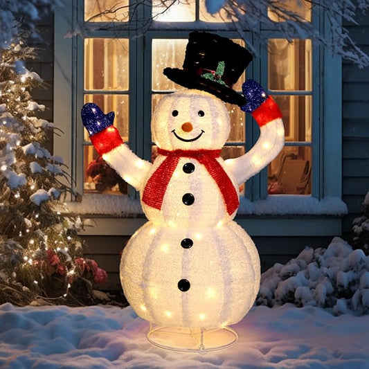 VINGLI 4FT Lighted Snowman Christmas Decorations w/ 120 LED Lights, Auto Take on/Off Hat, Pop-up Snowman Ornaments with Ground Stakes for Outside Holiday Indoor Decor