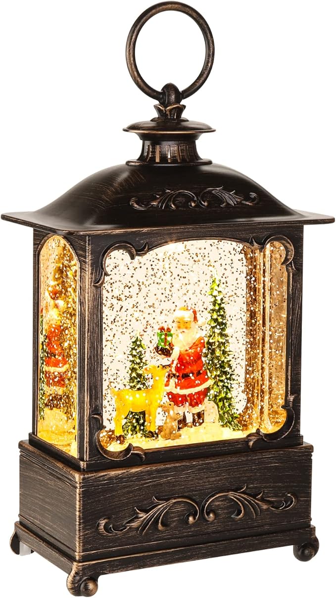 Christmas Snow Globe Lantern Christmas Decorations Water Glittering Lanterns with Music & Timer, USB Lined/Battery Operated Lighted Lantern for Christmas Festival Decoration Gifts (Skiing Snowman)