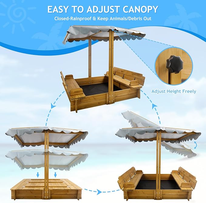 Kids Sandbox with Lid, Wooden Sand Box with Cover Outdoor, UV-Protection & Natural Wood, Foldable Bench Seat, Adjustable Canopy, Sand Box for Kids Ages 2-8£¨47x47in£©