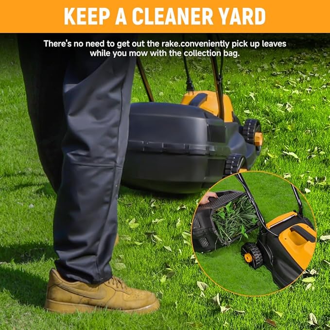 Hoteche 10-Amp Corded Electric Lawn Mower - 12.6 Inch Cutting Width, 30L Grass Bag, 3 Height Adjustments (1-2.2), Lightweight Walk-Behind Mower for Small/Medium Lawns (Easy Push Design)