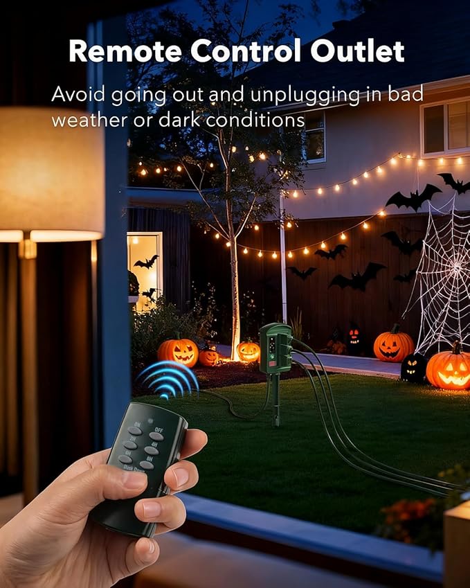 BN-LINK Outdoor Power Stake with Dusk to Dawn Timer, Waterproof 6 Grounded Outlets, 6FT Cord, 100FT Remote Control, Heavy Duty Outdoor Plug for Christmas Lights, Yard, Garden, ETL Listed