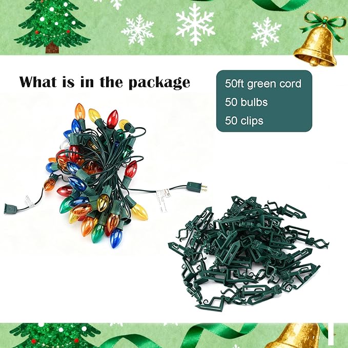 C9 LED Outdoor Christmas Lights,C9 String Lights with Quick Clips,for Xmas House Roof Gutter,Plug in & Connectable,50FT 50 Light,Multicolor