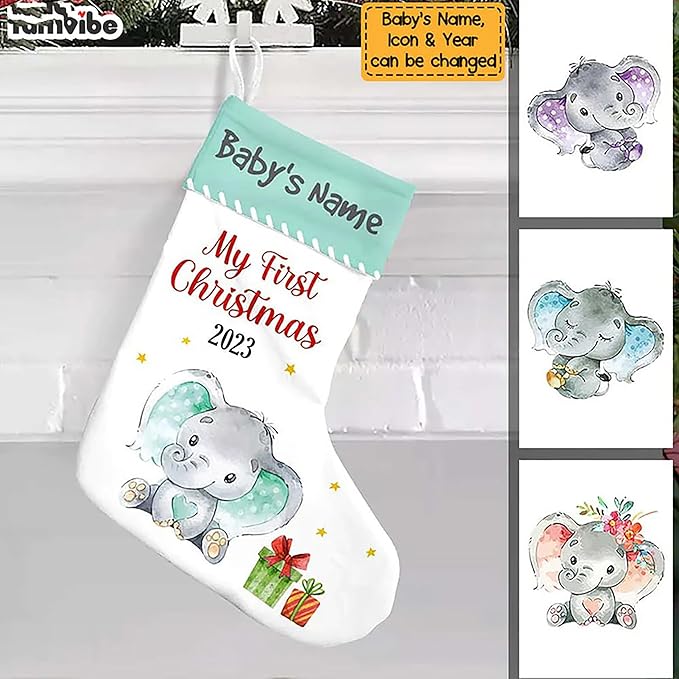 LOVELYPOD Christmas Stockings Personalized with Name, 19" Christmas Stocking Elephant Baby First Christmas Stocking 2023, Xmas Stocking Holiday Christmas Decoration Gifts for Family Kids