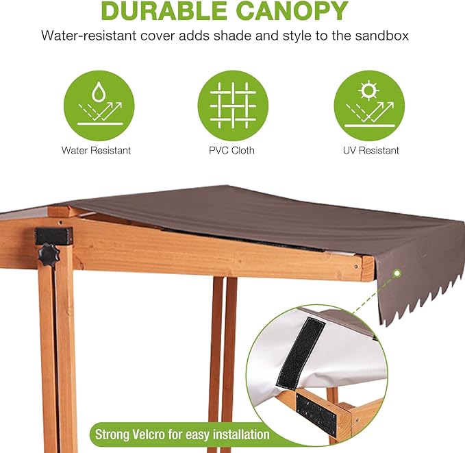GUTINNEEN Wooden Sandbox with Adjustable Canopy, Outdoor Kids Sand Box with Foldable Benches, Sand Liner, Retractable Roof, 47¡±Lx47¡±Wx52¡±H