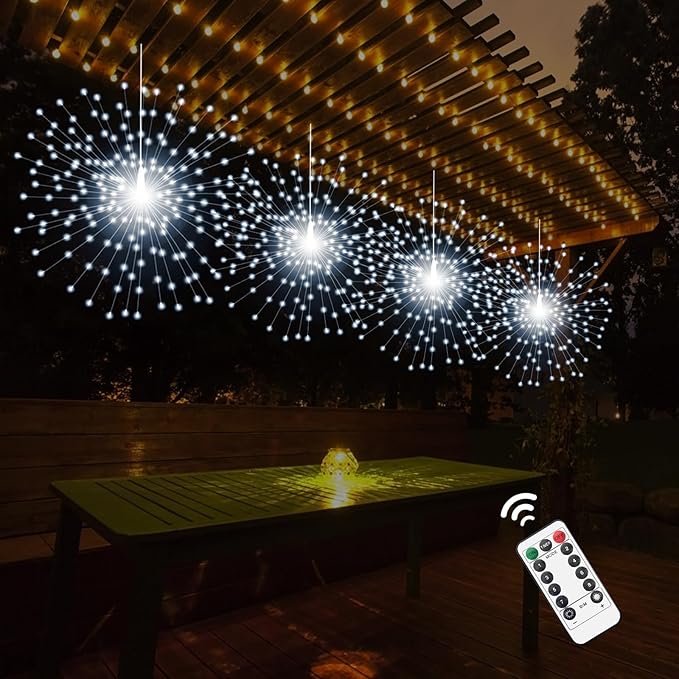 2 Pack Starburst Sphere Lights,200 LLED Firework Lights, 8 Modes Dimmable Remote Control Waterproof Hanging Fairy Light, Copper Wire Light for Patio Parties Christmas (White)