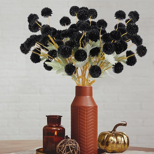Hananona 12 Piece Artificial Chrysanthemum Flowers, Mini Black Kiku Pom Pom Mums Flower Faux Floral Arrangements Halloween Centerpiece for Fall Home Kitchen Decor (12, Black)