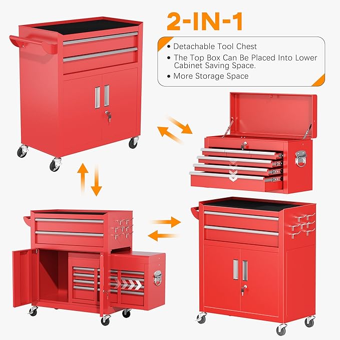 INTERGREAT Tool Chest Cabinet,8-Drawer Rolling Tool Chest with Detachable Top Tool Box, Tool Chests with Universal Lockable Wheels, Metal Tool Cart for Garage, Workshop, Barbershop(Red)