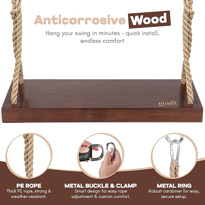 Outdoor Wood Hanging Seat, 22" x 8" x 2" Cedar Wooden Tree Swing for Adults & Kids, 440+ lb Capacity, Adjustable 5-7 ft Rope, Classic Heavy Duty Tree Swing for Backyard & Porch
