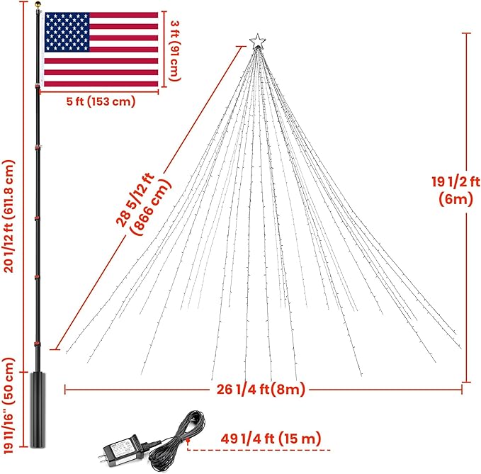 Yescom Giant-Sized 20Ft Flag Pole Christmas Lights Kit with Star Top 4840 LED Warm White for Outdoor Holiday Decorations Show Shopping Mall Commercial Event Yard Lighting