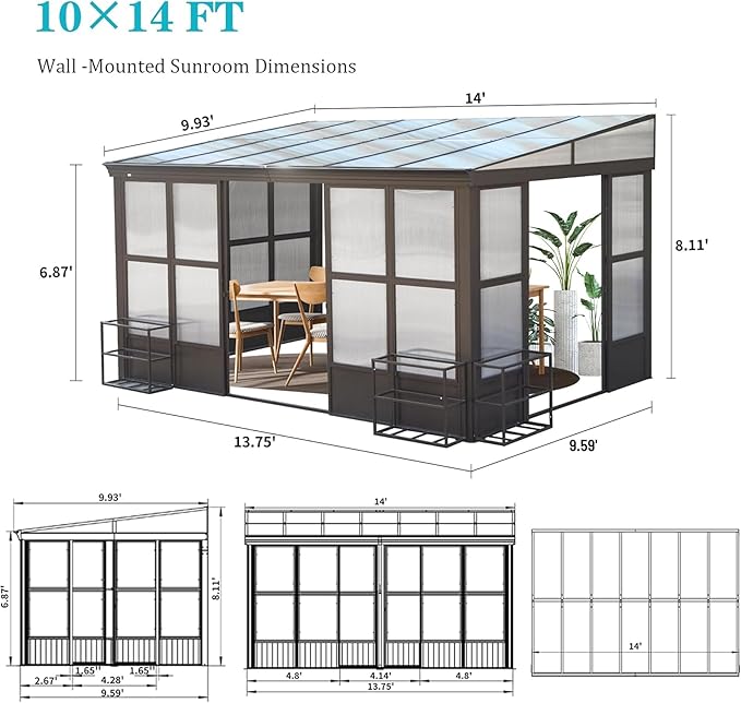 10x14FT Wall Mounted Sunroom Kit All Season, Outdoor Enclosed Gazebo Lean to Solarium with Detachable Polycarbonate Roof/Windows, 2 Lockable Sliding Doors, Permanent Aluminum Sun Room for Patio