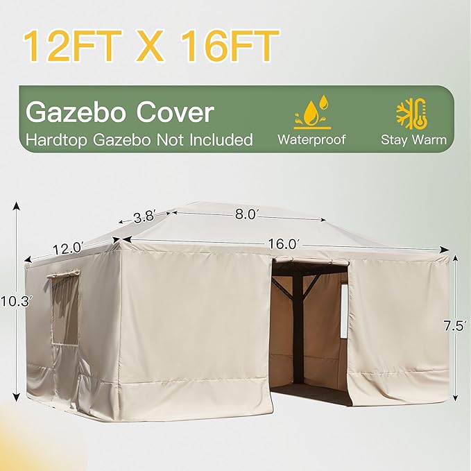 MELLCOM Winter Gazebo Cover for 12×16 Hardtop Gazebo, Accessories for All Seasons, with Mesh Screens and Doors and Windows