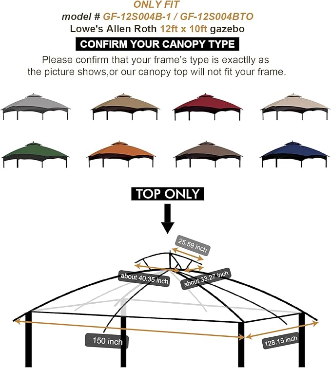 Eurmax USA High Performance Replacement Canopy Top for Lowe's Allen Roth Heavy Duty Gazebo Roof Gazebo Top with Air Vent 10X12 Cover #GF-12S004B-1, Replacement Top Only（Gray）