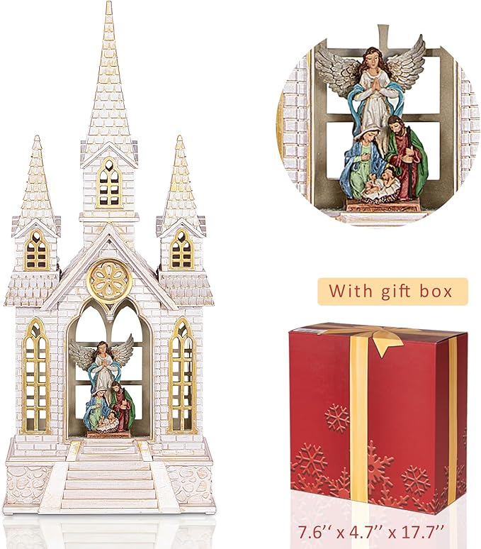 Church Snow Globe Lighted,Christmas Snow Lantern,Angel holy Family Nativity Christmas Eve Glitter Snow Globe with Musical,Christian Decorations Indoor,2 Way Powered