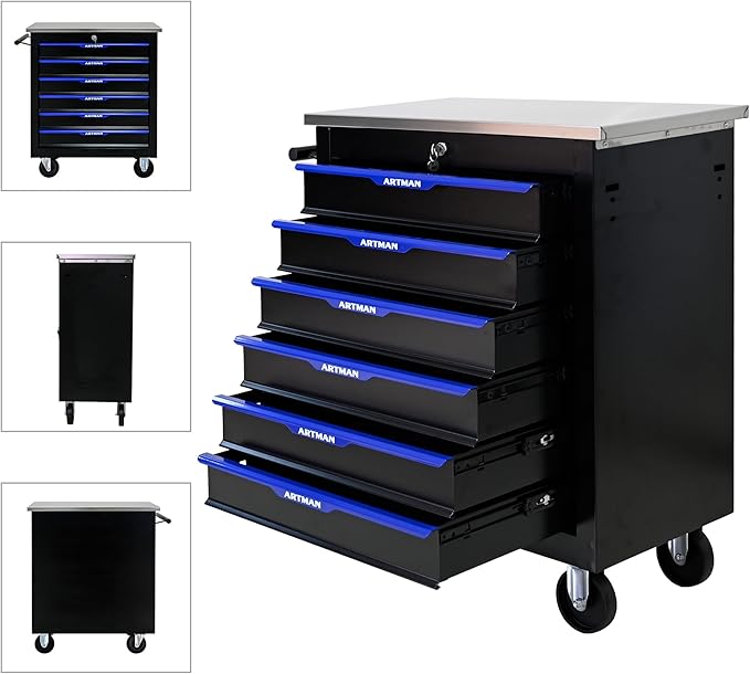 RYH 4/5/6/7 Drawers Rolling Tool Chest -Heavy Duty Mobile Metal Tool Box with Locking Wheels, with Stainless Steel Worktop, Garage Tool Storage Cabinet (Black-Blue, 6-Drawers 30.7 H¡¿25.9 W)