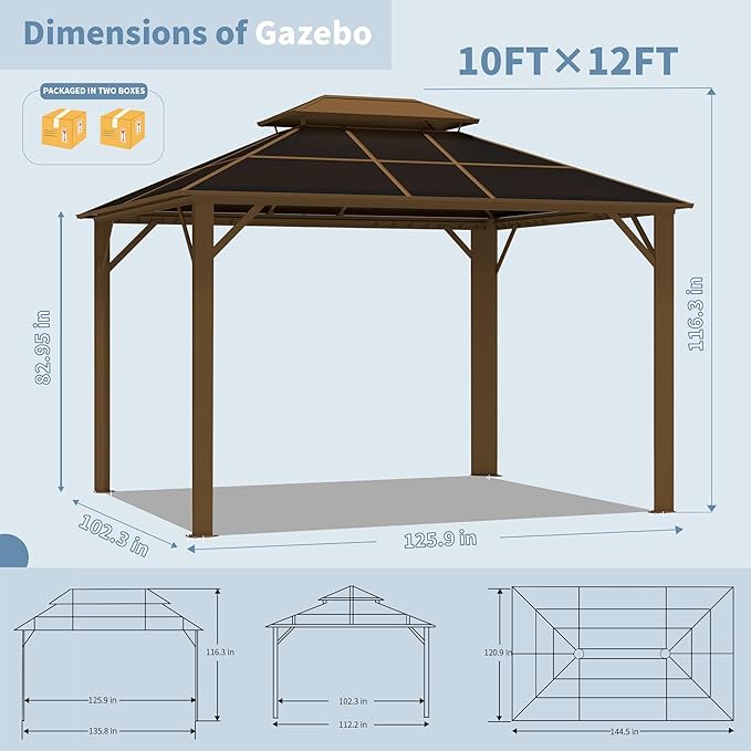Kingdura Hardtop Gazebo 10'x10' with Double Polycarbonate Roof Canopy, Outdoor Gazebo with All-Weather Resistant Aluminum Frame Permanent Pavilion, UV Blocking for Patio Lawn Garden