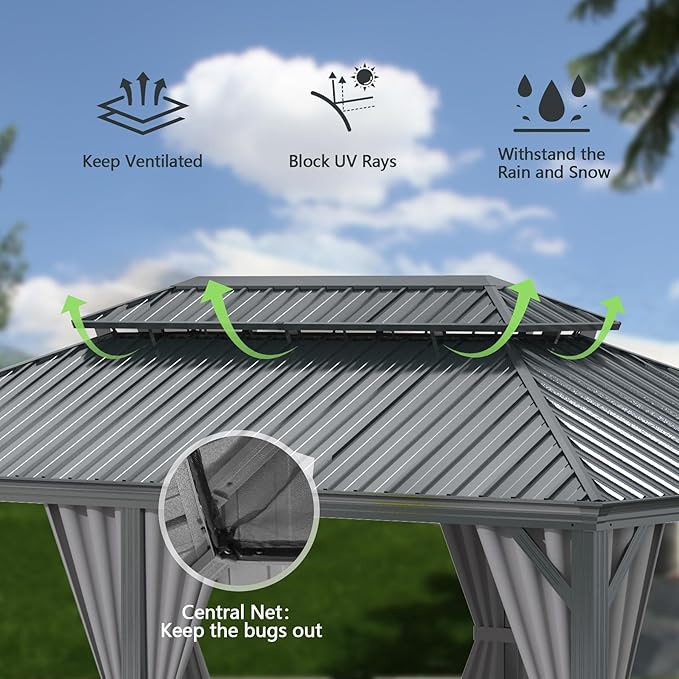 Domi 14x24FT Outdoor Gazebo, Hardtop Gazebo with Galvanized Steel Double Roof, Metal Gazebos with Drainage System Patio Pergola for Patio Deck Backyard,Curtain and Netting,Gray