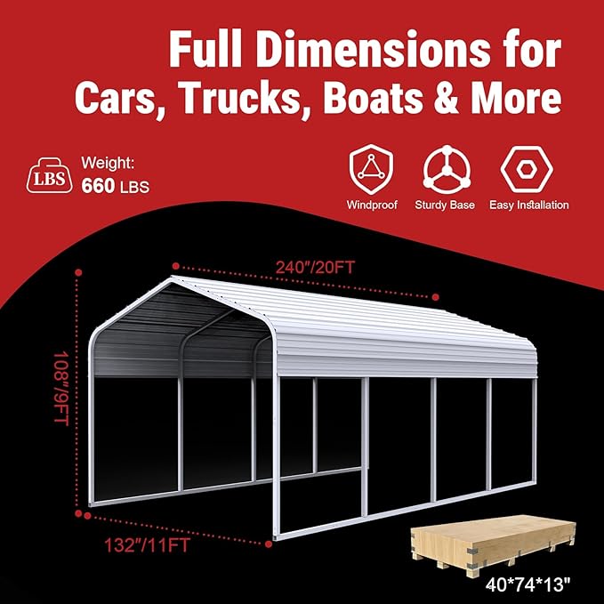 KoreJetMetal11x20FT Heavy-Duty Galvanized Metal Carport, All-Steel Car Ports Vehicle Shelter, Outdoor Car Canopy for Cars Trucks SUVs Boats RVs, Large Car Shed for Driveway Backyard Storage