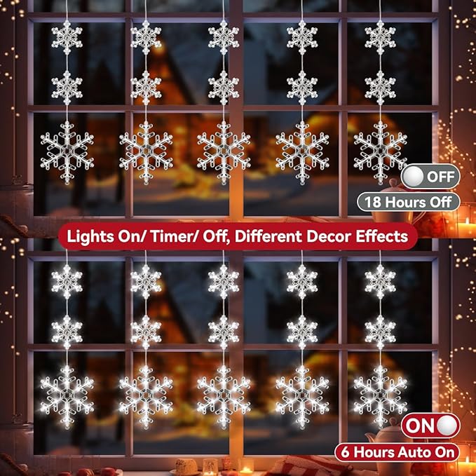 5Pcs Christmas Window Lights, Battery Powered Twinkle Lights Christmas Decorations Indoor Outdoor for Wall Door Porch Balcony Glass Decor with Suction Cup & Timer