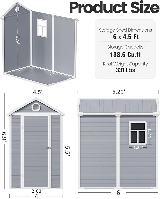 6x4.5 FT Plastic Sheds & Outdoor Storage, UV Resistant Storage Sheds Outdoor with Floor and Window, All-Weather Garden Resin Tool Shed for Lawn Mower, Yard Tools, Bike, Light Grey