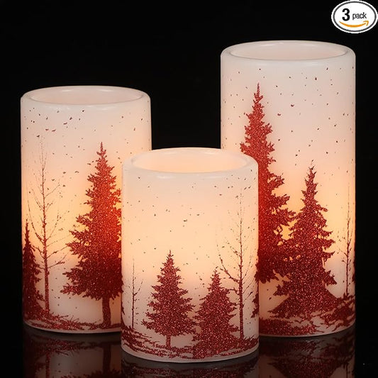 GenSwin Christmas Flameless Candles with Timer, Red Christmas Tree LED Flickering Candles Real Wax, 3 Pack Pillar Fake Candle for Winter Indoor Fireplace Christmas Decor Table(D3” x H4”5”6”)