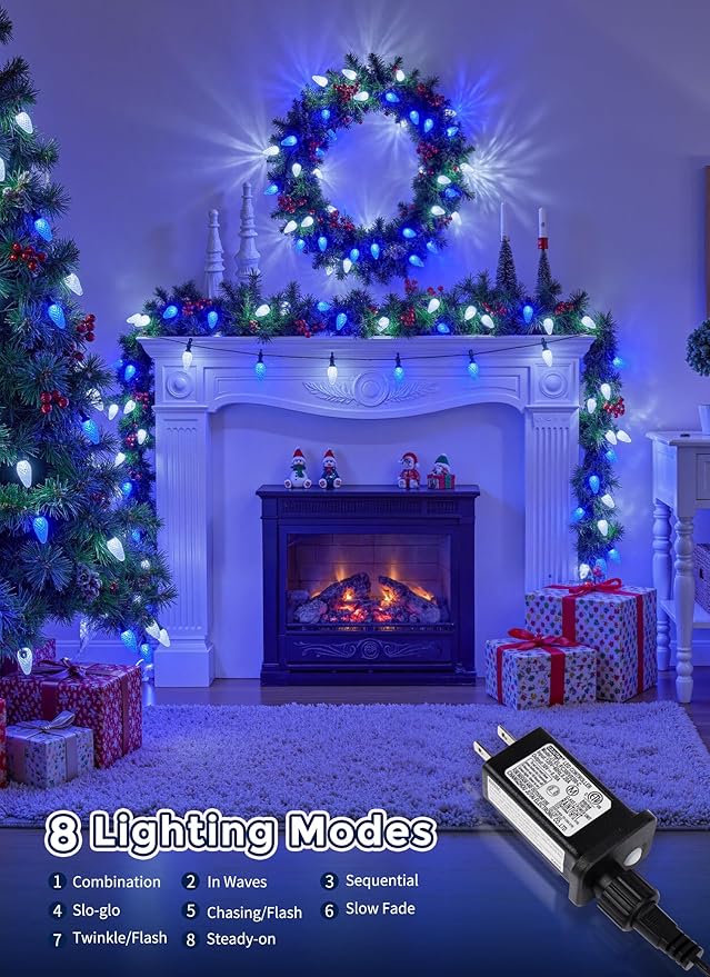 C9 LED Christmas Lights Outdoor, 81 Feet 100 LED String Lights with Timer & 8 Light Mode, Waterproof Commercial Grade Christmas Tree Lights for Outside Indoor Roofline Patio Decor, Blue & Pure White