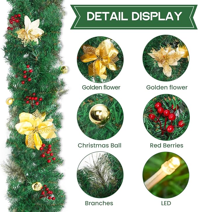 Christmas Garland with Lights, 8.9 Ft Real Touch Winter Pine Garland, Green Artificial Greenery Garland for Table, Table, Stairs, Door, Christmas Decor for Home Wedding Fireplace Party (One Pack)