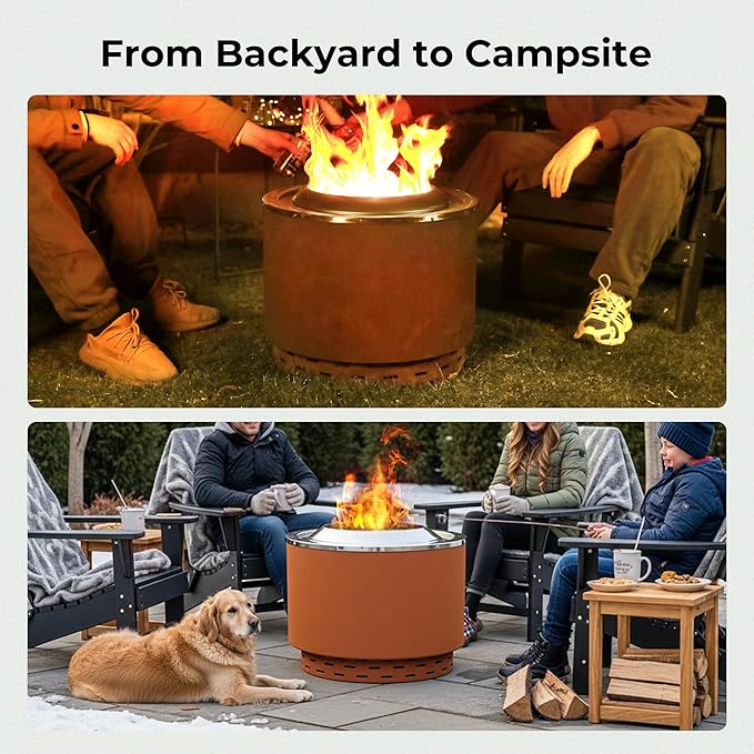KOL 20 Smokeless Dual Flame Fire Pit for Outdoor - Thick Corten Steel & Stainless Steel Wood Burning Firepits with Stand, Portable Bonfire Pit with Removable Ash Pan for Patio, Backyard, Campsite
