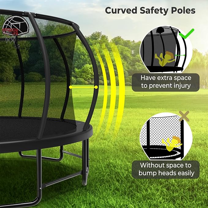 Lyromix 12 14 15 16FT Outdoor Trampolines for Kids and Adults, Pumpkin Trampolin with Curved Poles, Recreational Trampolin with Basketball Hoop and Safety Enclosure Net for Kids and Adults