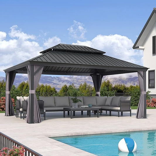 PURPLE LEAF 13' X 17' Hardtop Gazebo Aluminum Gazebo with Galvanized Steel Double Roof for Patio Lawn and Garden, Curtains and Netting Included Grey